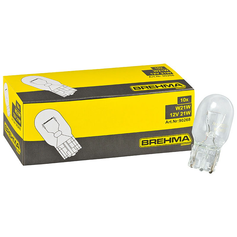 Auto-Lampen-Discount - H7 Lampen und mehr günstig kaufen - 10x BREHMA W21W  12V 21W W3x16d T20 Glassockellampe T20